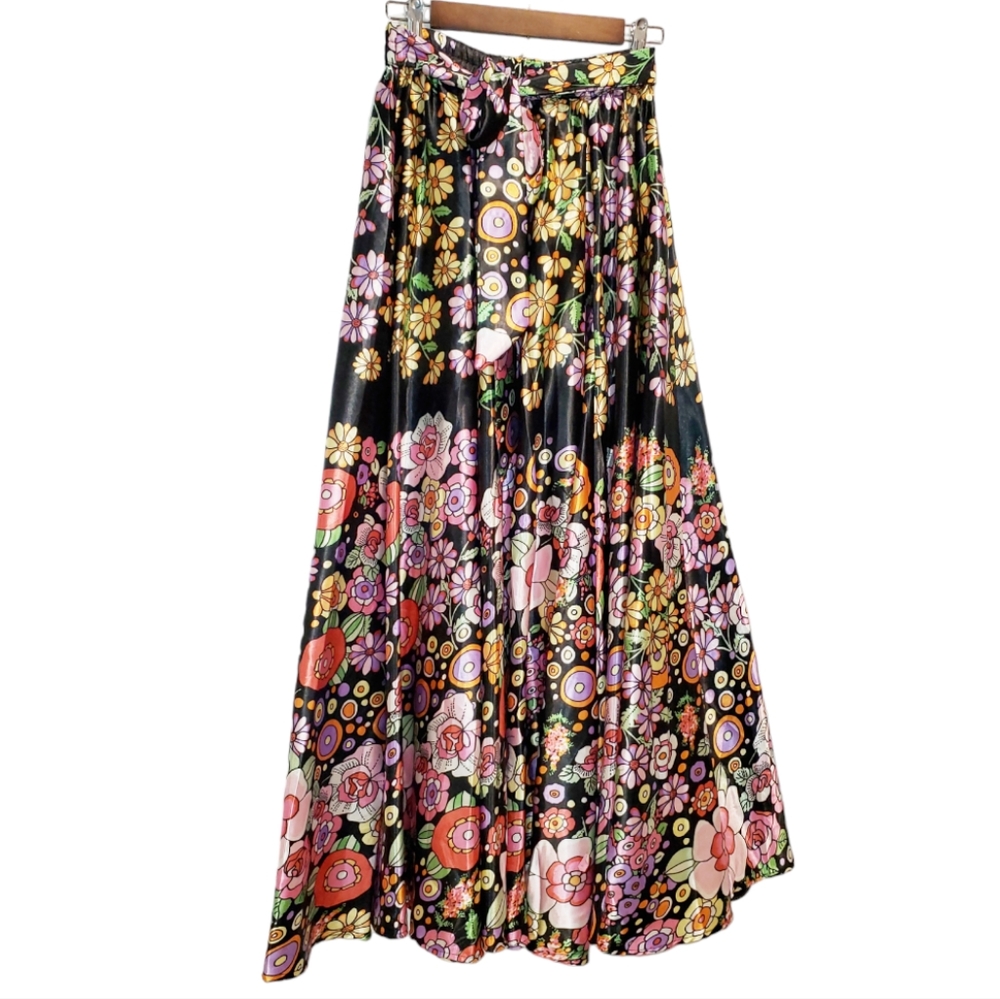 VINTAGE 90s Silky Sheen Belted Maxi Skirt